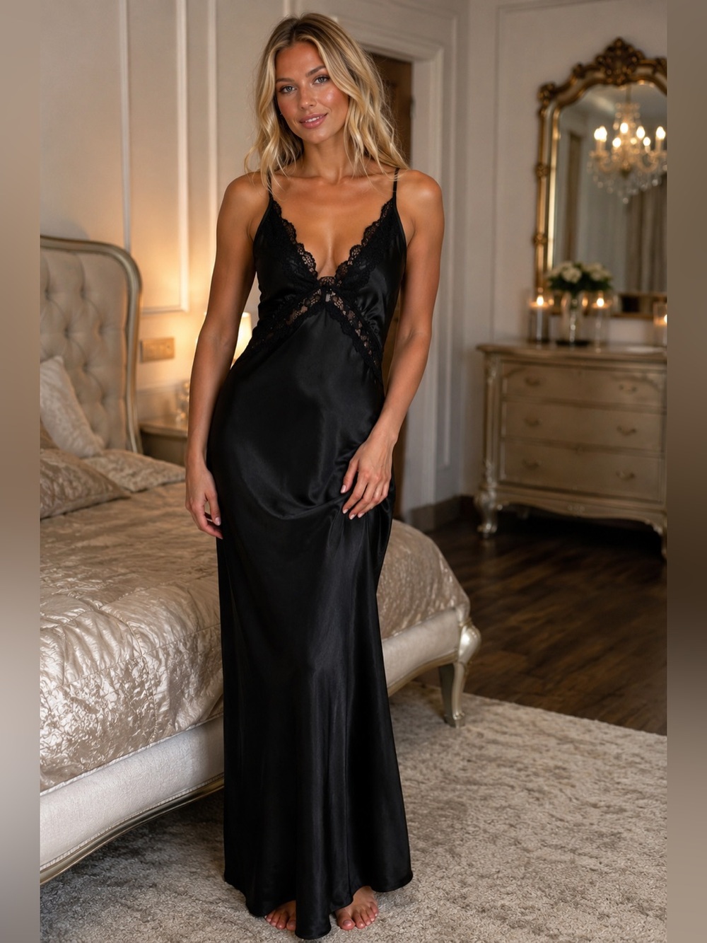 Sincerely Jules Black Satin Lace Slip Dress Maxi Open Back XS S Y2K Core
